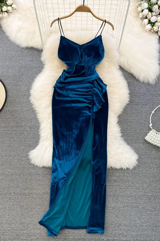 Chic Elegant Velvet Long Dress Retro Slim High Waist Ruffles Split Wrap Hips Bodycon Dress