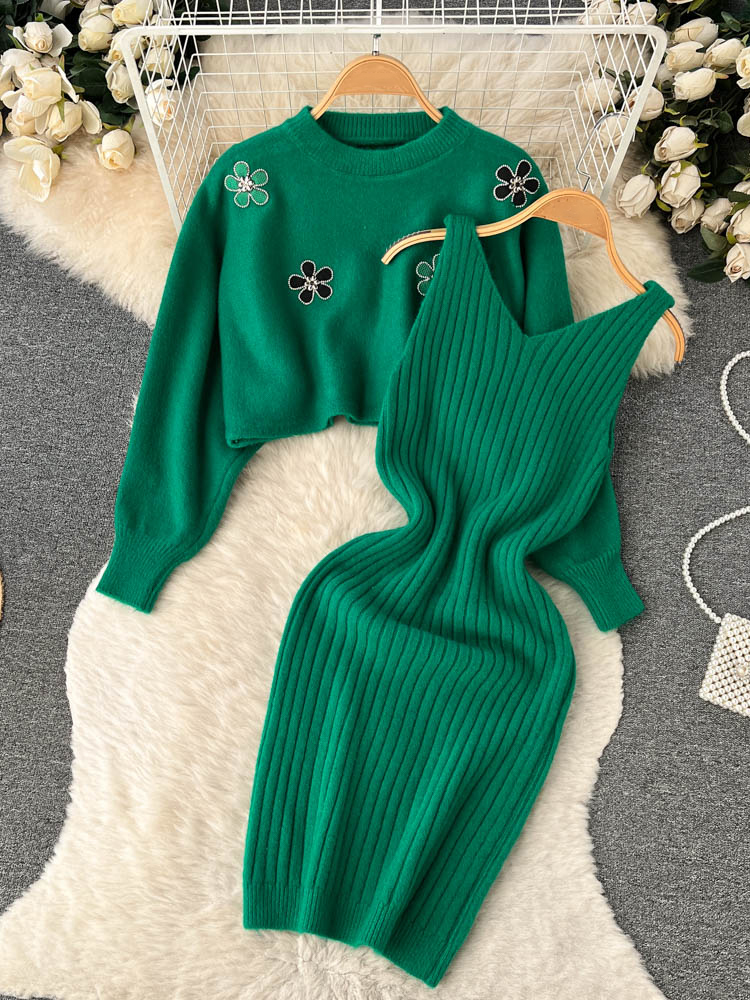 Chic Elegant Women Dress Sets Two Piece Fashion Flower Embroidery Pullover Sweaters + Knitted Mini Dress Suits