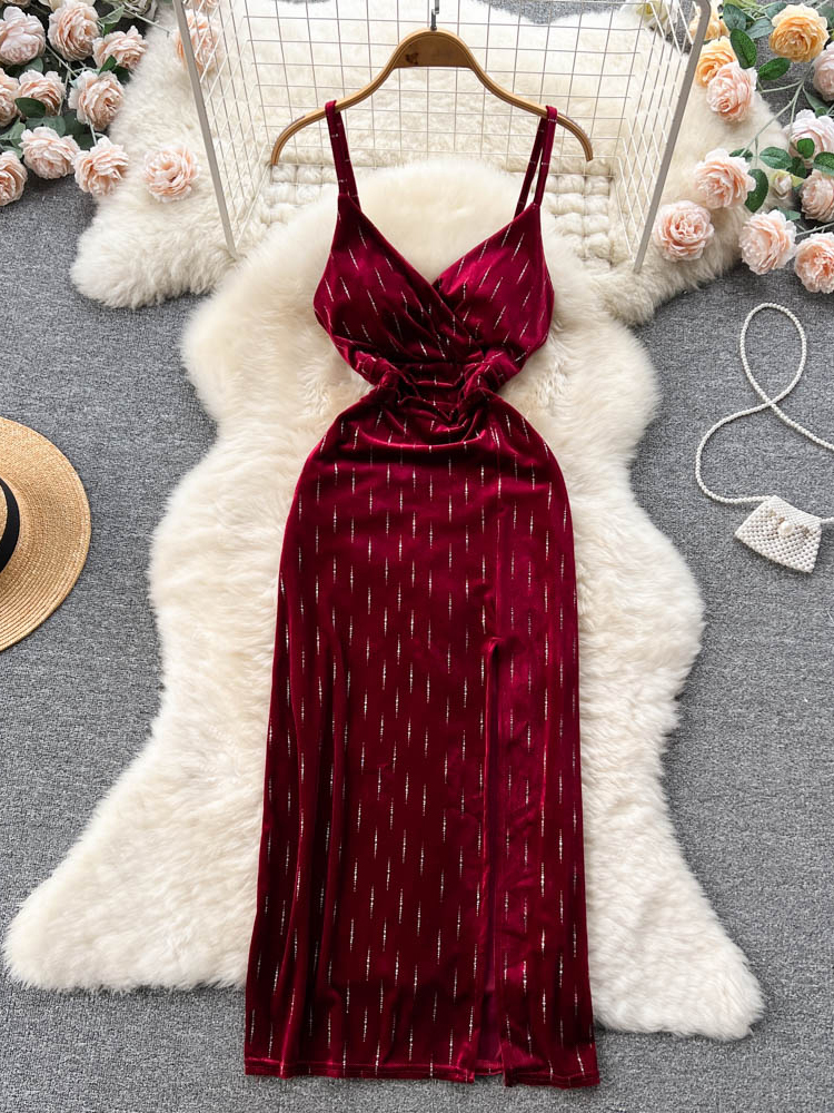 Chic Fashion Women Red Black Long Dress Elegant V-neck High Waist Split Velvet Long Dress Chic Fashion Women Red Black Long Dress Elegant V-neck High Waist Split Velvet Long Dress