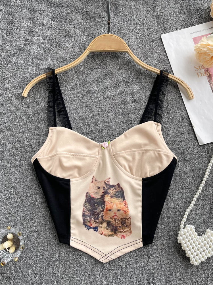 Cute Cat Print Women Camisole Backless V Neck Retro Sexy Party Club Ladies Slim Tank Top
