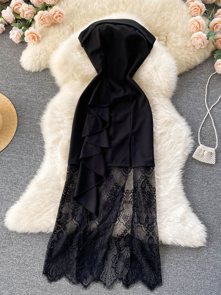Elegant Black Sleeveless Ruffles Lace Patchwork Split Long Dress Women Fashion Party Dress
