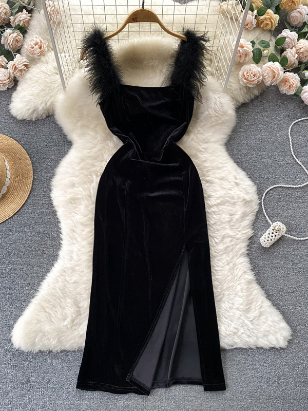 Elegant Black Women Dress Fashion Fur Patchwork Straps Velvet Bodycon Vestidos Lady Party Vestidos Dress