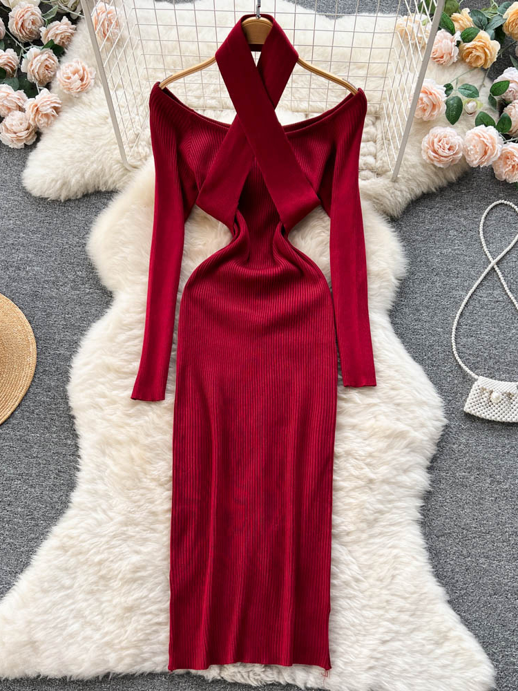 Elegant Cross Knitted Bodycon Dress Women Slim Elastic Basic Long Sleeve Sweater Dress