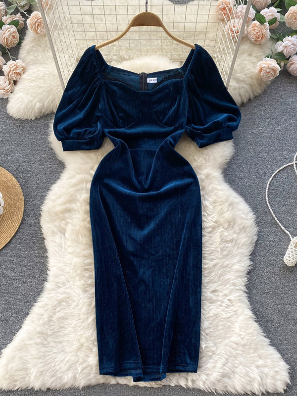 sachin and babi light blue dress Sexy V-Neck Bubble Sleeve Long Skirt Slit High Waist Evening Dress - Party  Dress and Evening Dresses price main image 1