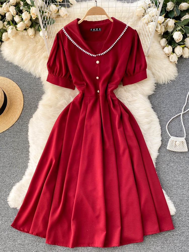 Elegant Solid Women Dress Lady V-neck Buttons Women Midi Dress Short Sleeve Female Red Party Dress
