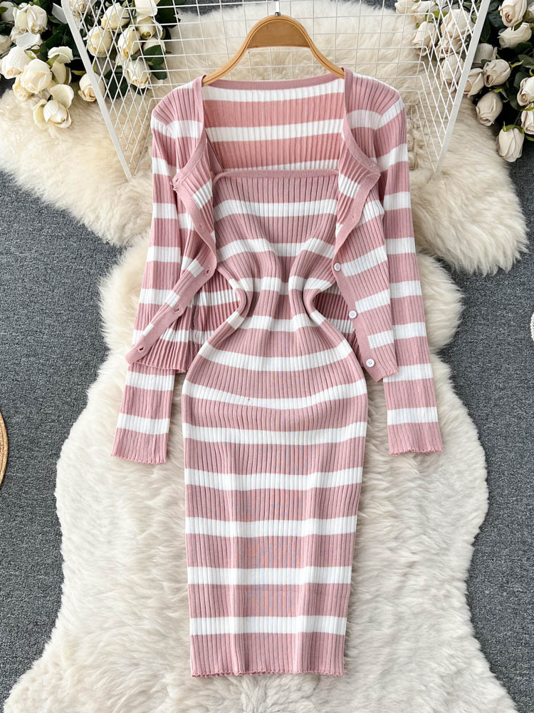 Elegant Women Dress Sets Fashion Knitted Cardigans + Slim Spaghetti Strap  Dress Lady Two Piece Suits