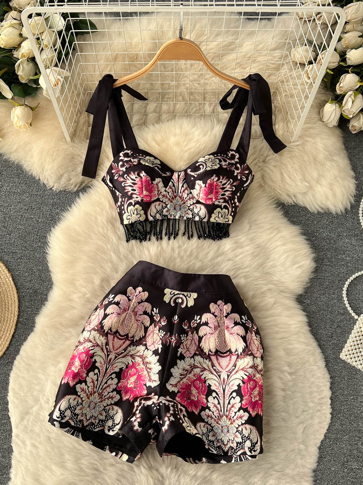 Embroidery Tassel Two Piece Sets Women Striped Camisole Zipper Mini Shorts Retro Court Floral Fashion Suits