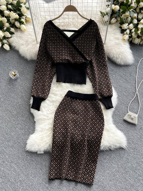 Fashion Comfy Women Dress Elegant Two Piece Set Knitted Tops and Pencil Skirts Office Style Ladies Dresses