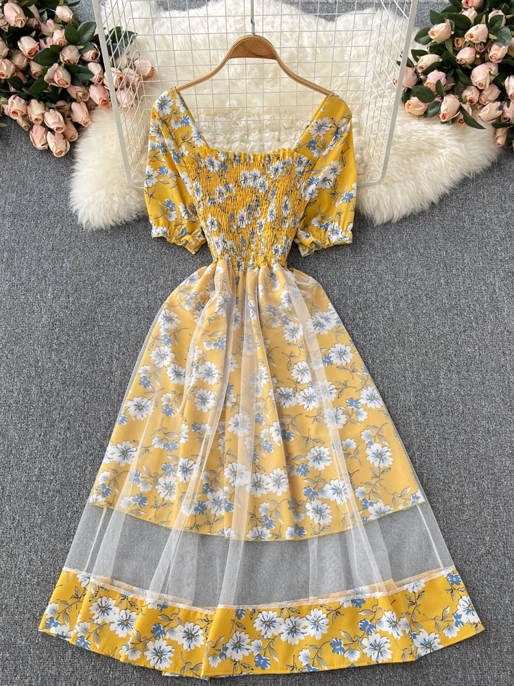 Fashion Daisy Flower Print Patchwork Mesh Dress Two Layers Elegant Vacation Midi Dress