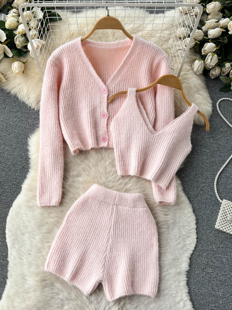 Fashion Three Piece Women Shorts Sets Fashion Crop Tops + Cardigans + Shorts Female Knitted Suit Three-piece