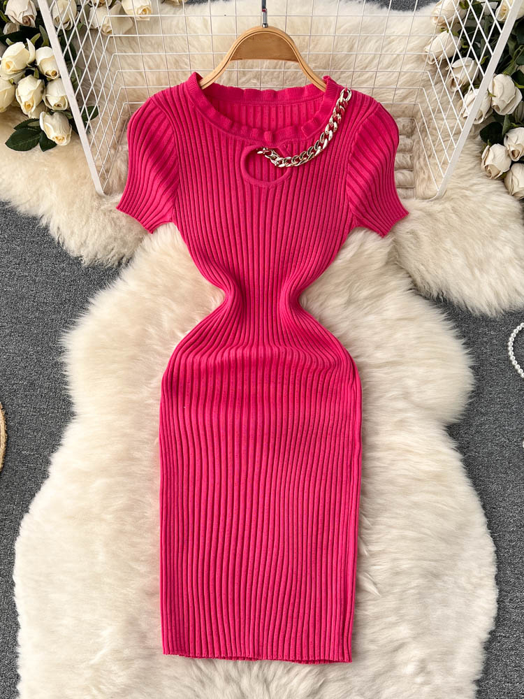 Fashion Women Hollow Out Sexy Elastic Mini Dress Chains O-neck Design Knitted Dress
