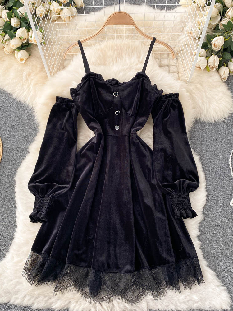 Fashion Women Princess Black Mini Dress Off Shoulders High Waist Lace Patchwork Gothic Dress Party Vestidos