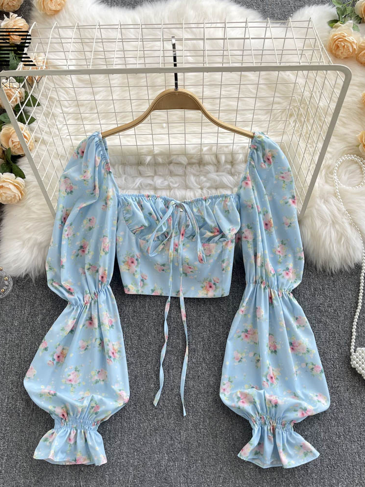 Floral Blouse Women Sexy Off Shoulder Floral Shirt Fashion Back Female Lantern Sleeves Corset Print Tops