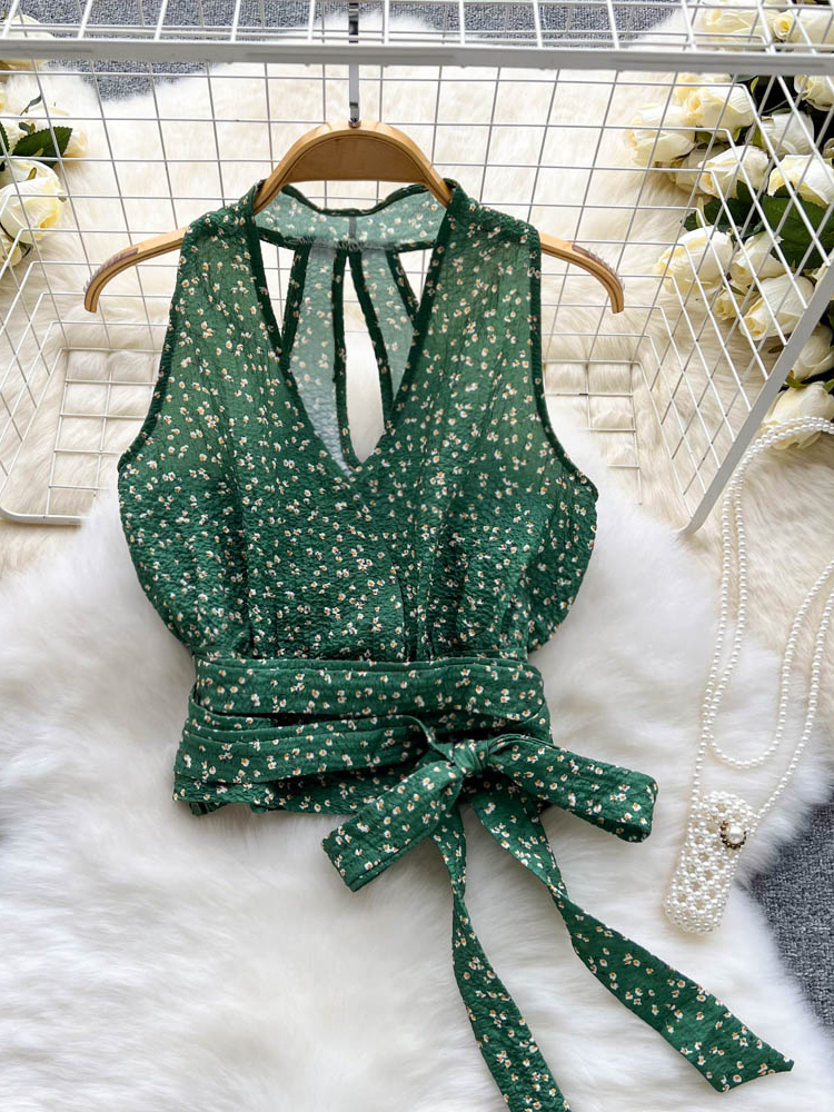 Floral Print Camisole Blouse V Neck Sleeveless Slim Top Ladies Fashion Sexy Casual Vacation Top