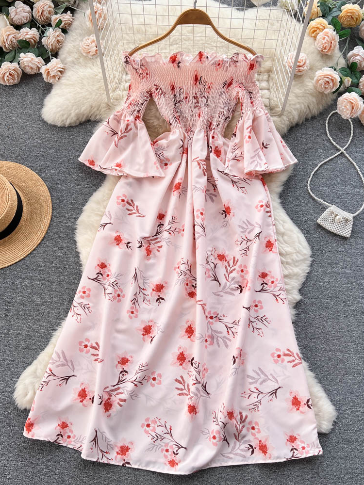 Floral Print Strapless Dress Women Slash Neck Flare Sleeve Elastic Waist Lady Vacation Fashion Line Dress