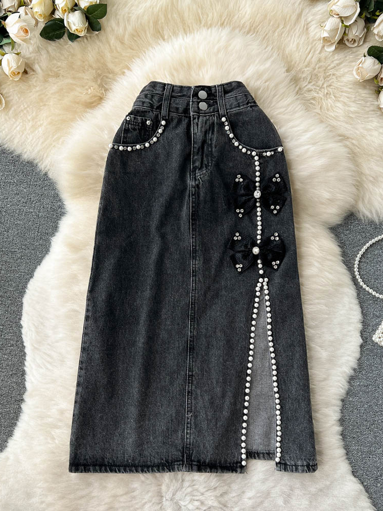 Good Quality Denim Skirts Women Fashion Bows Decoration Split Jeans Skirts Chic Lady Bottoms