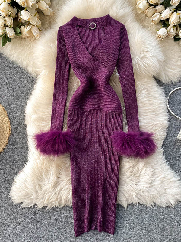 Good Quality Luxury Shining Knitted Women Dress Sexy Hollow Out V-neck Halter Bodycon Party Dress Fashion Dress