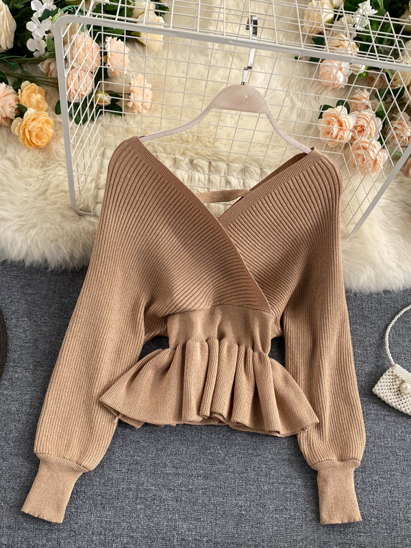 Good Quality Thick Elegant V-neck Ruffled Knitted Pullover Sweater Women Tops Shirt
