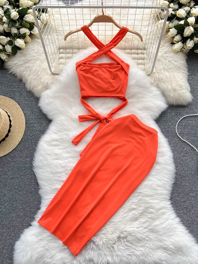 Holiday Beach Two Piece Suits Women Dress Set Bandage Short Tops + Skinny High Waist Wrap Skirts
