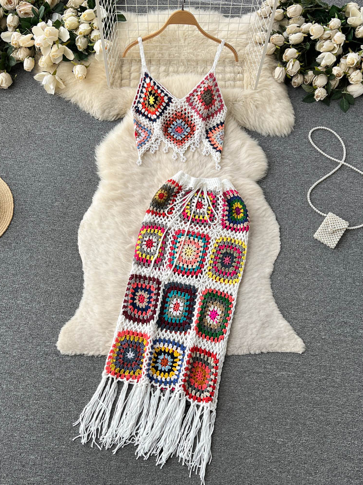 Hook Design Two Piece Knitted Set Irregular Camisole Hollow Out Elastic Waist Long Skirt Vacation Fashion Tassel Suits
