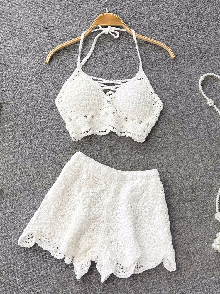 Knit Two Piece Sets Women Vacation Backless Camisole Elastic Waist Shorts Hollow Out Beach Style Suits