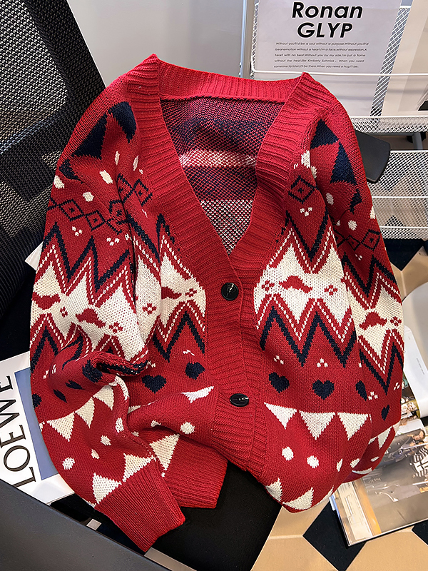 Knitted Cardigan Sweater Women Geometric Knitwear Coat Fashion Outwear Top
