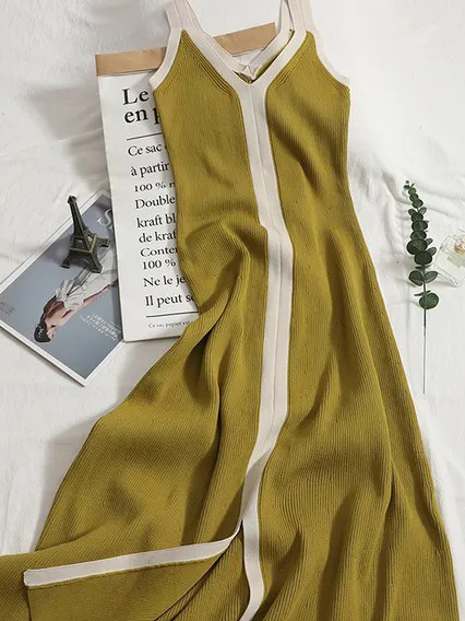 Knitted Split Long Dress Women V-neck Strap Basic A-line Maxi Dress Casual Vestidos Dress