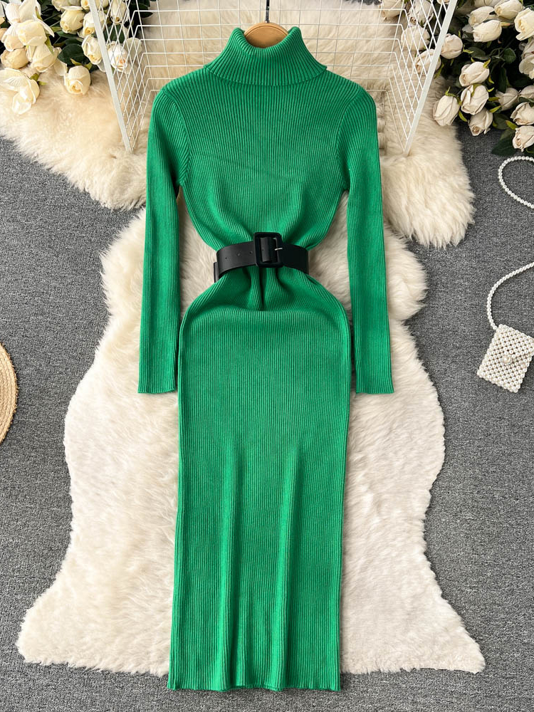 Knitted Women Dress Chic Elegant Turtleneck Long Sweater Dress With Belt Lady Package Hips Bodycon Dress