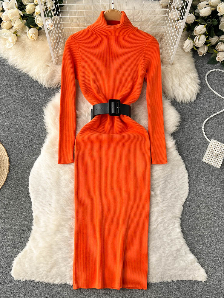 Knitted Women Dress Chic Elegant Turtleneck Long Sweater Dress With Belt Lady Package Hips Bodycon Dress