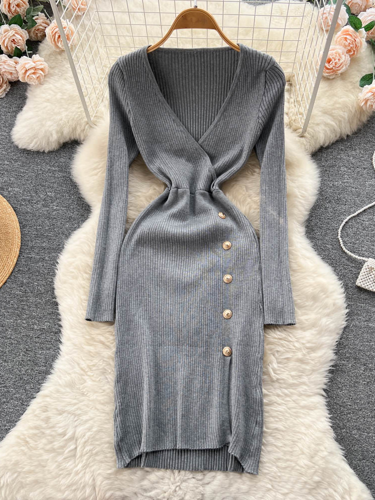 Lady V-neck Buttons Design Split Elegant Dress For Women Long Sleeve Knitted Sweater Dress