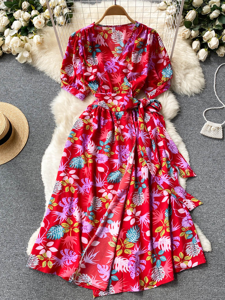 Luxury Floral Woman Dress Casual V-neck Sash Bandage Wrap Dress Boho Print Beach Vacation Dress