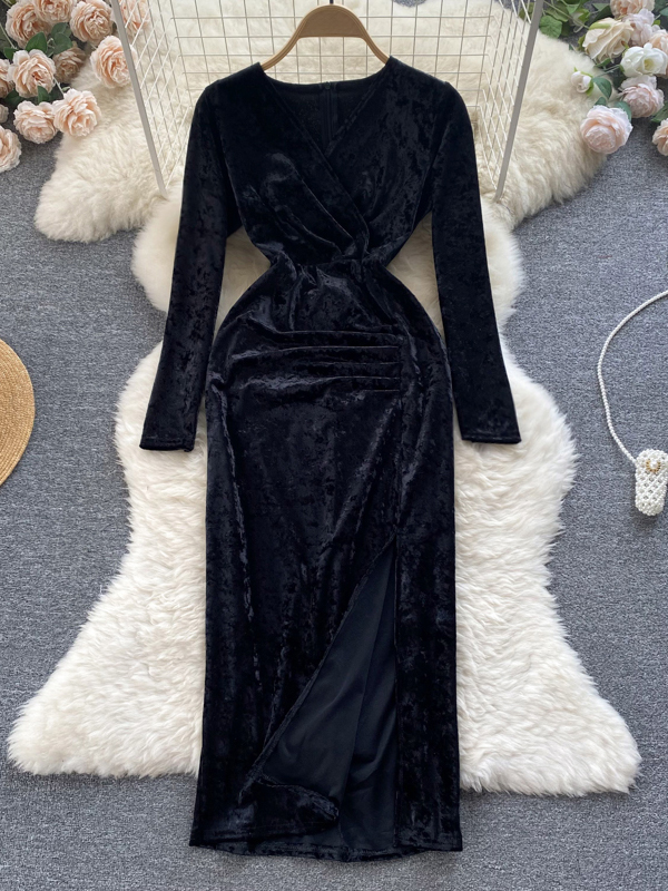 Luxury Solid Velvet Long Dress Retro Vintage V-neck High Split Elegant Party Dress For Women Dress