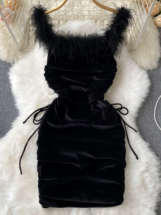 Retro Style Black Mini Dress, Strap High Waist Bodycon Party Dress