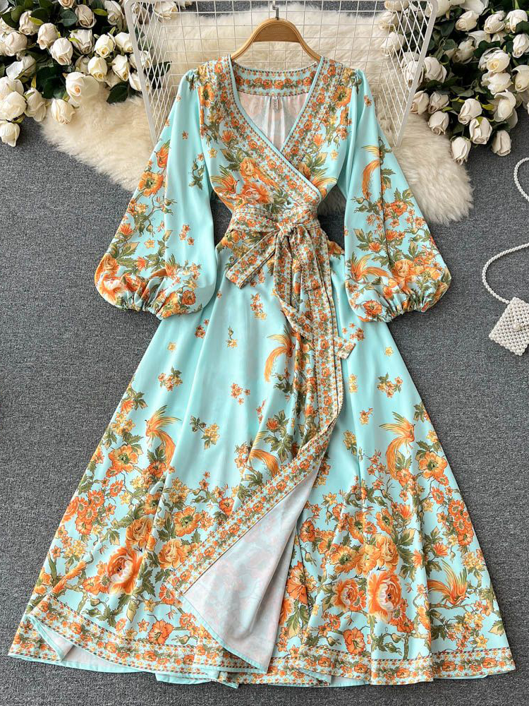 Romantic Floral Print Sash Bandage Long Dress Women Vintage Elegant Puff Sleeve Party Dresses