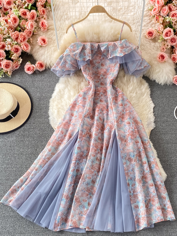 Romantic Lace Patchwork Floral Print Long Dress Women Fashion Off Shoulders High Split Elegant Party Dress