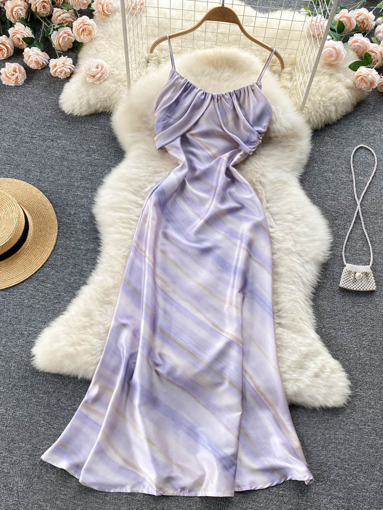 Romantic Purple Tie Dye Long Party Dress Elegant Ruched High Waist Strap Women Dress