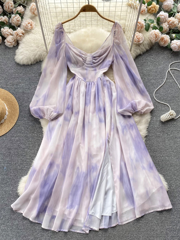 Romantic Tie Dye Print Long Dress Fashion Big Swing A-line Chiffon Dress Party Dress