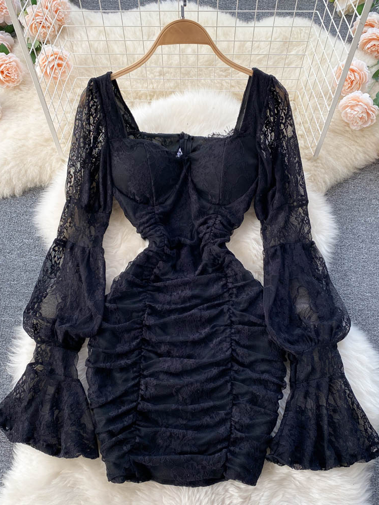 Romantic Women Lace Bodycon Party Dress Elegant Lantern Sleeve Gothic White Black Mini Dress Vestido
