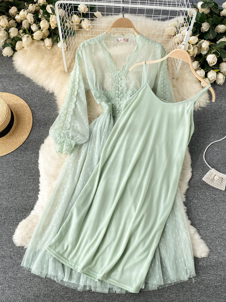 Romantic Women Lace Two Piece Party Dress Elegant V-neck Long Sleeve Vintage Midi Dress