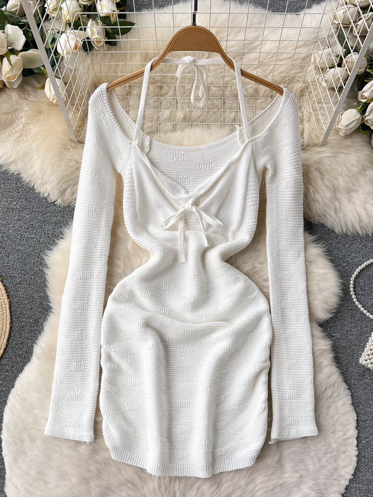Sexy Bandage Bodycon Mini Dress Women Elegant Long Sleeve Knitted Sweater Dress