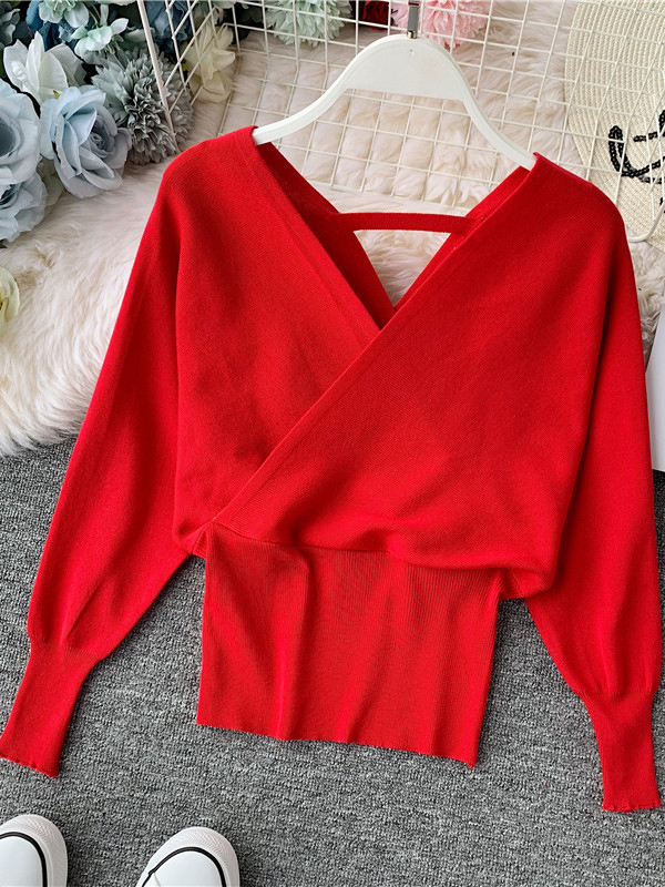 Sexy V-neck Sweater Women Batwing Long Sleeve Pullover Casual Elegant Sweaters Female Soft Bottoming Shirt
