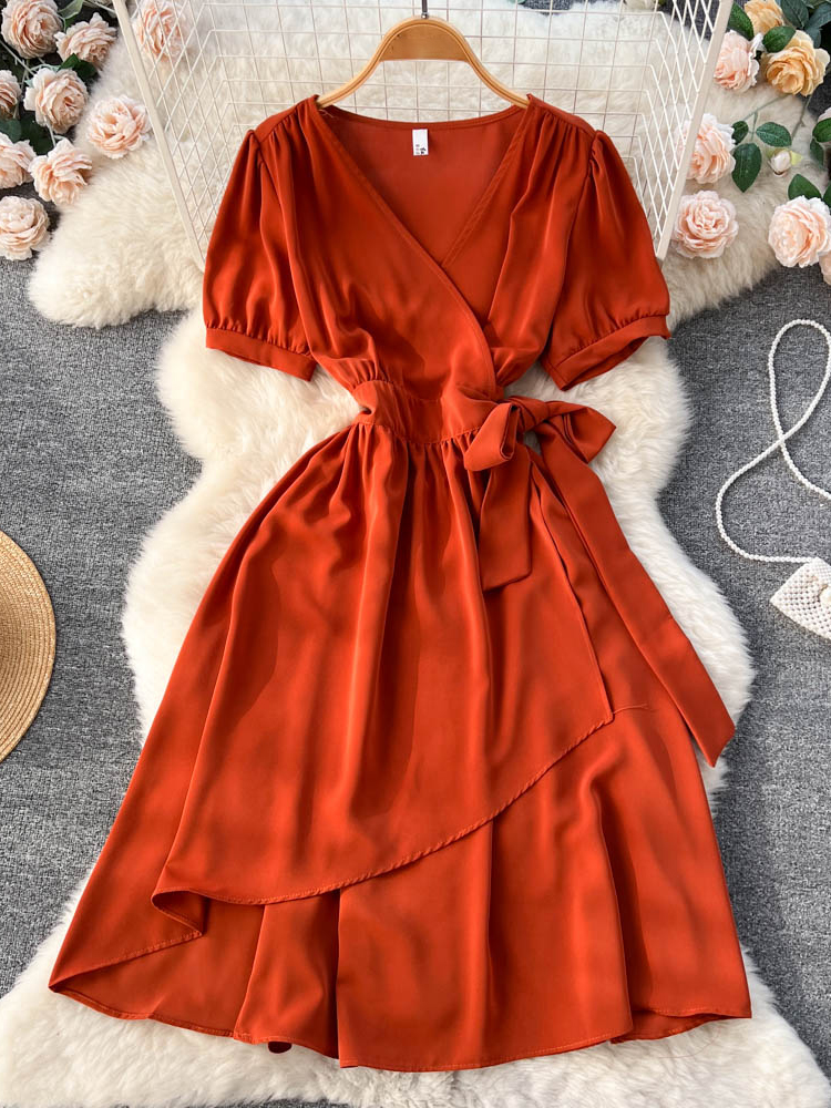 Women Dress Chic Elegant Puff Sleeve Lace-up Wrap Robe Femme Casual Solid A-line Long Dress