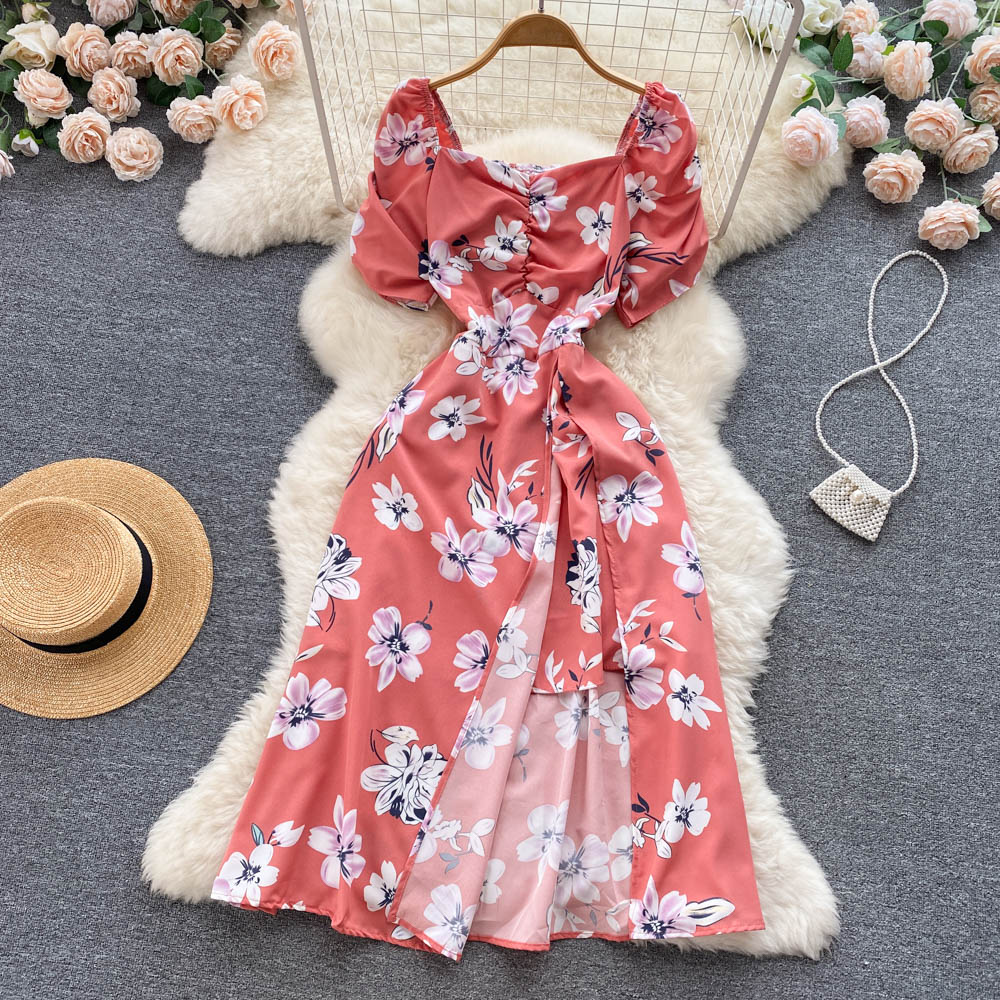 Women Dress Fashion Folds V-neck Floral Print Slit Long Dress Elegant Puff Sleeve Vacation Party Dress
