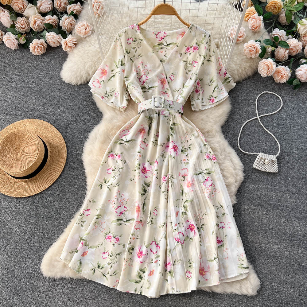 Women Dress Fashion Romantic Floral Print Chiffon Dress With Belt Chic Party Dress