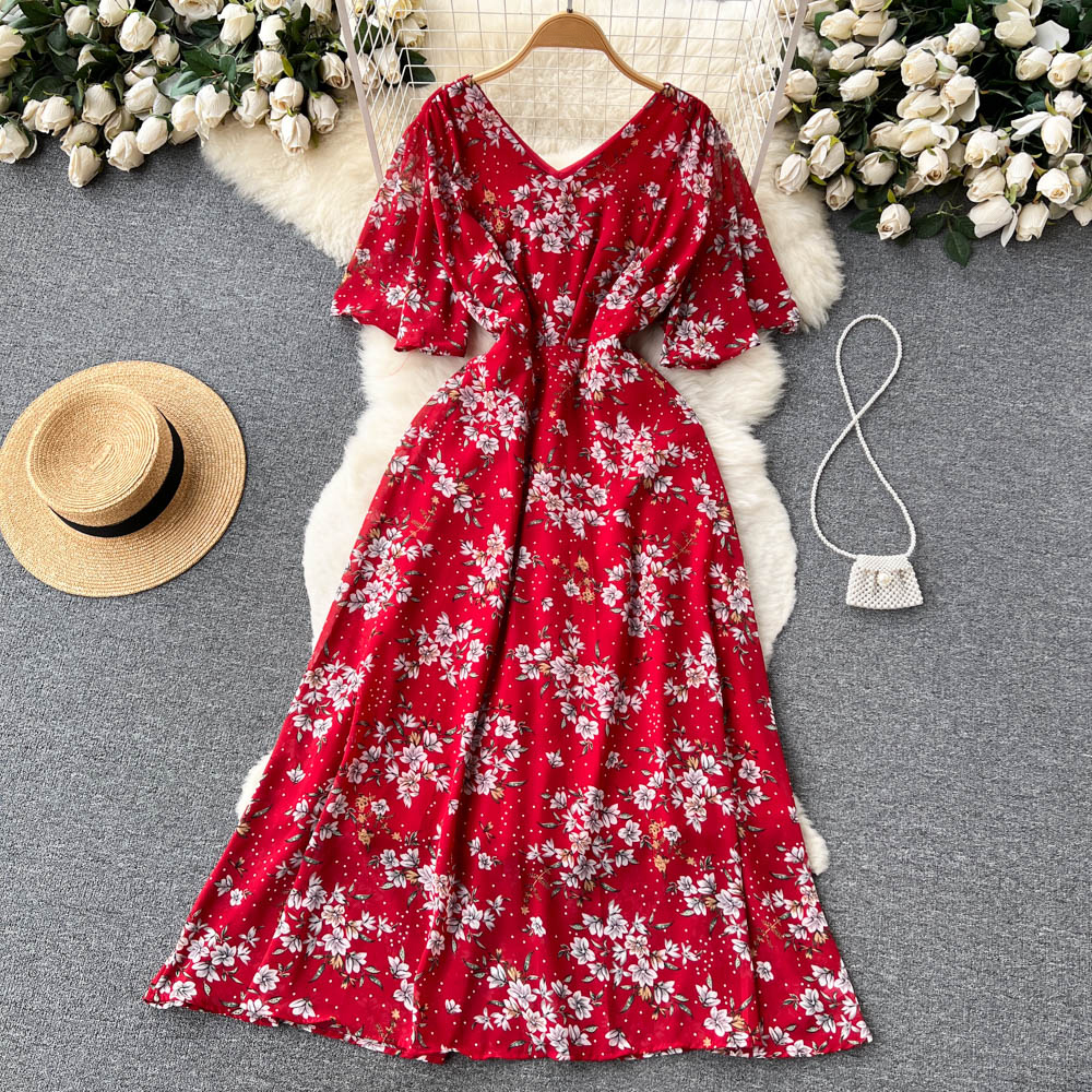 Women Dress Fashion Romantic Floral Print Long Chiffon Dress