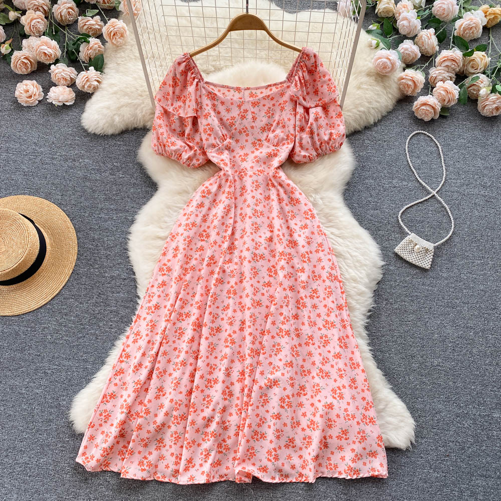 Women Dress Fashion Ruffled Puff Sleeve Slim Lace Up Floral Print Long Dress Vacation Party Dress
