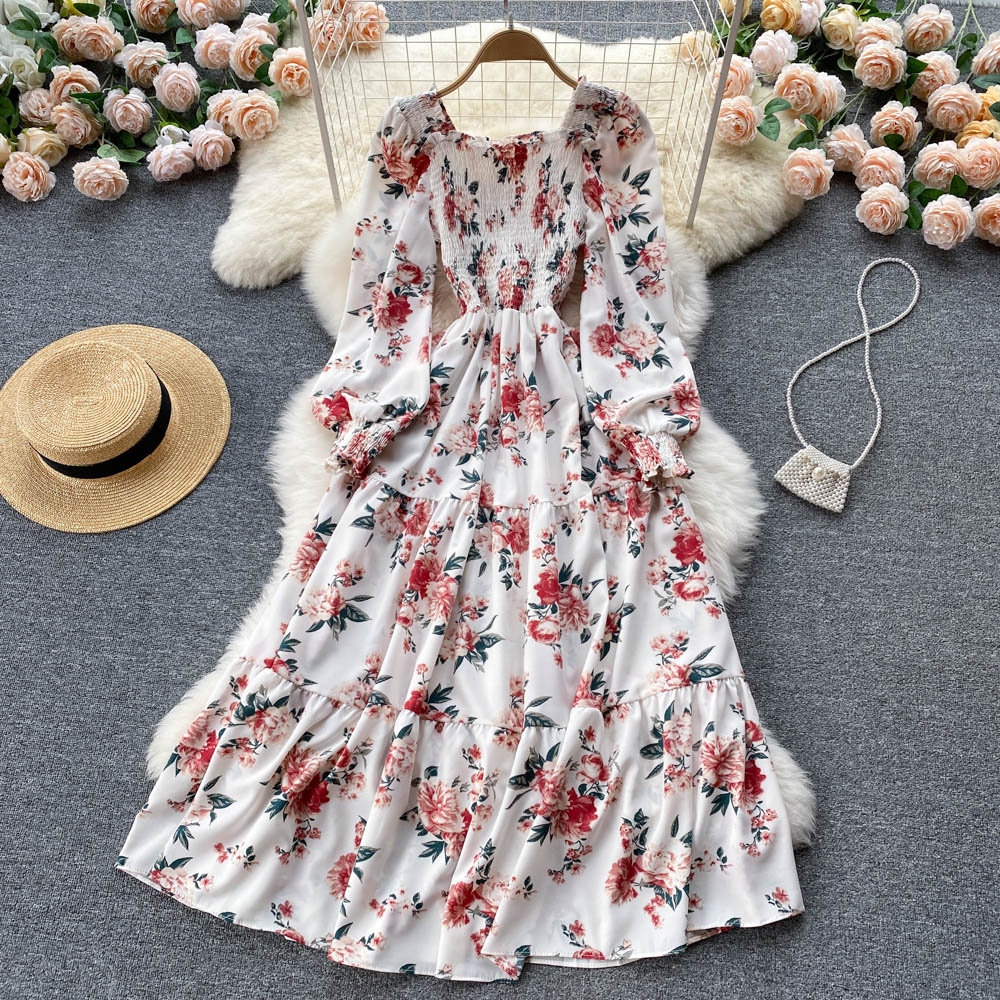 Women Dress Romantic Floral Print Long Puff Sleeve Maxi Dress