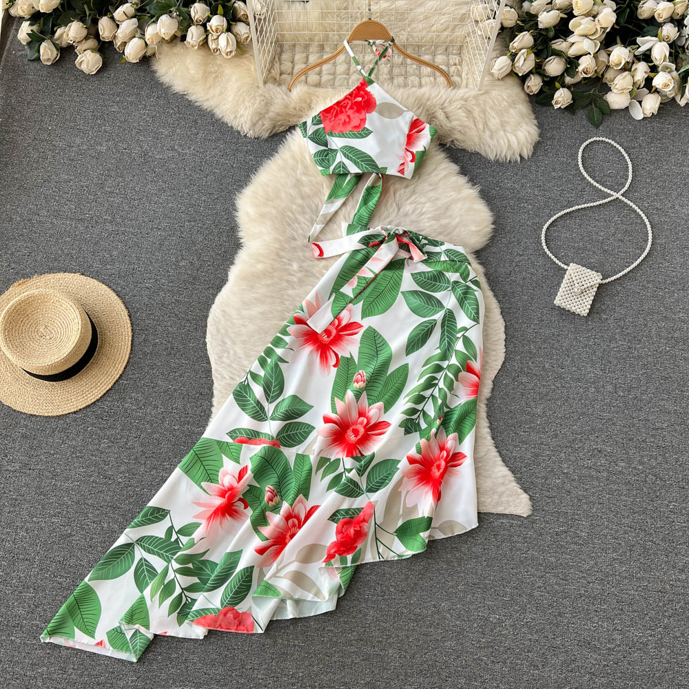 Women Dress Set Beach Fashion Floral Print Crop Tops + High Waist Asymmetrical Long Skirts Two Piece Suits