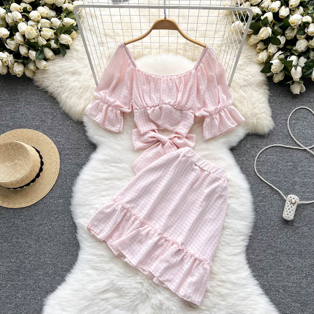 Women Dress Set Fashion Bow Bandage Crop Tops Elastic High Waist A-line Mini Skirts Two Piece Suis