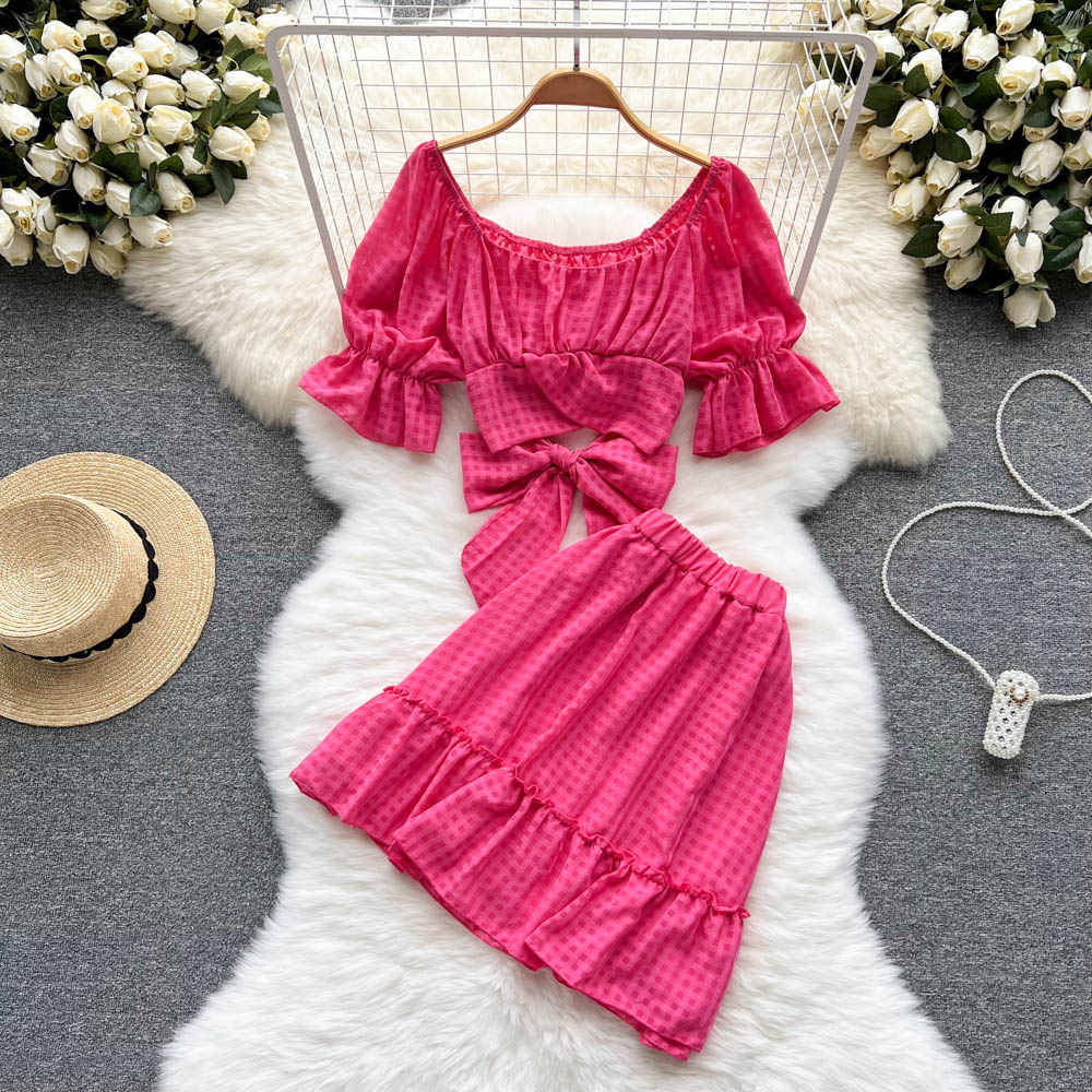 Women Dress Set Fashion Bow Bandage Crop Tops Elastic High Waist